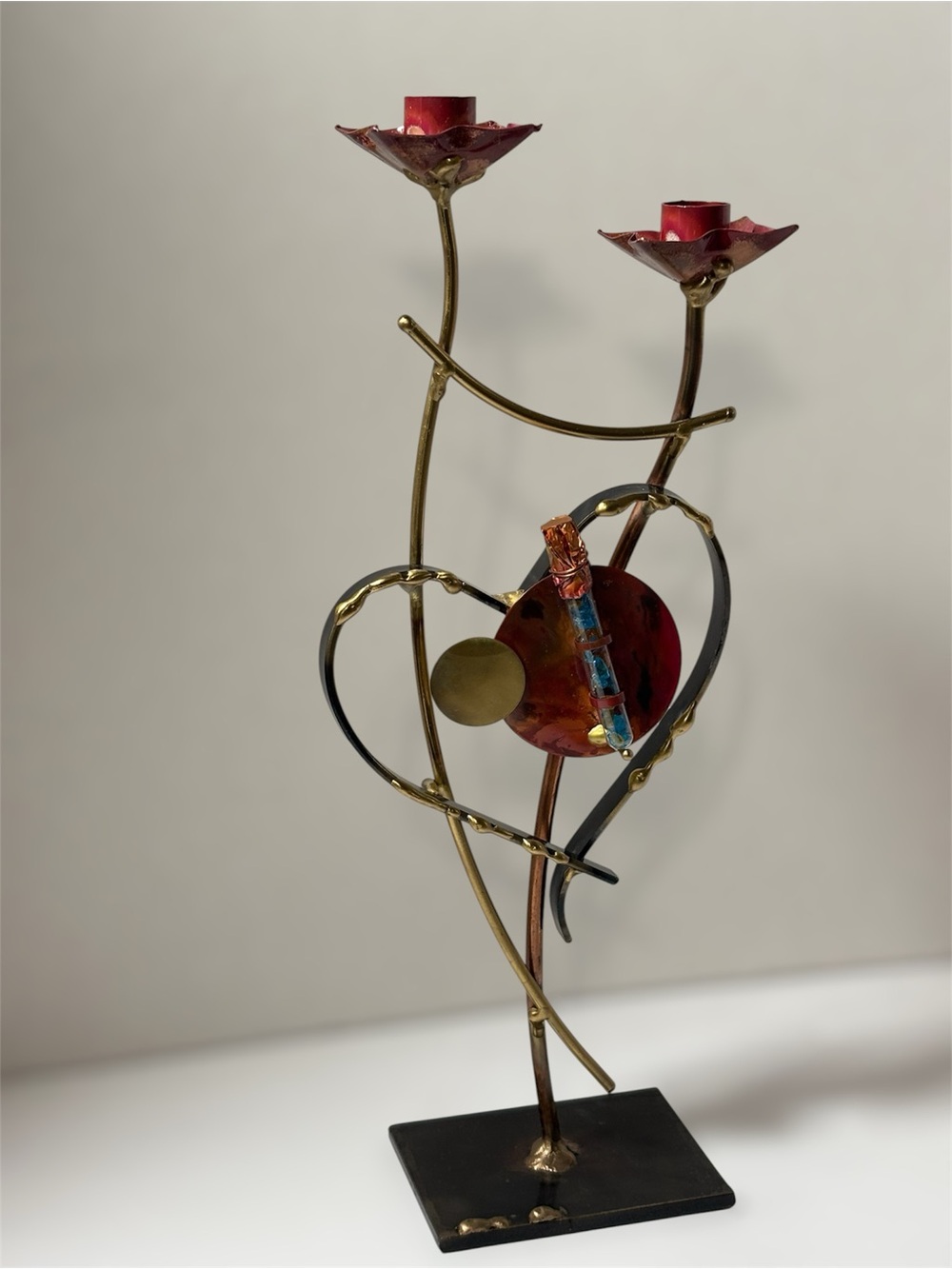 Vintage Gary Rosenthal Mixed Metal Heart Candelabra Candle Holder Fused Glass